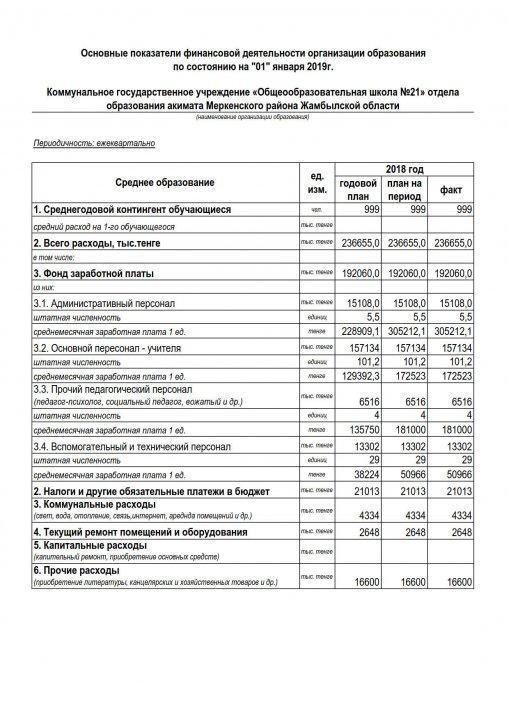 Основные показатели финансовой деятельности организации образования по состоянию на "01" января 2019г.