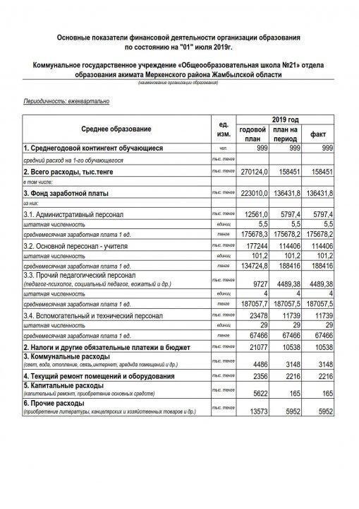 Основные показатели финансовой деятельности организации  по состоянию на "1"июля 2019г.